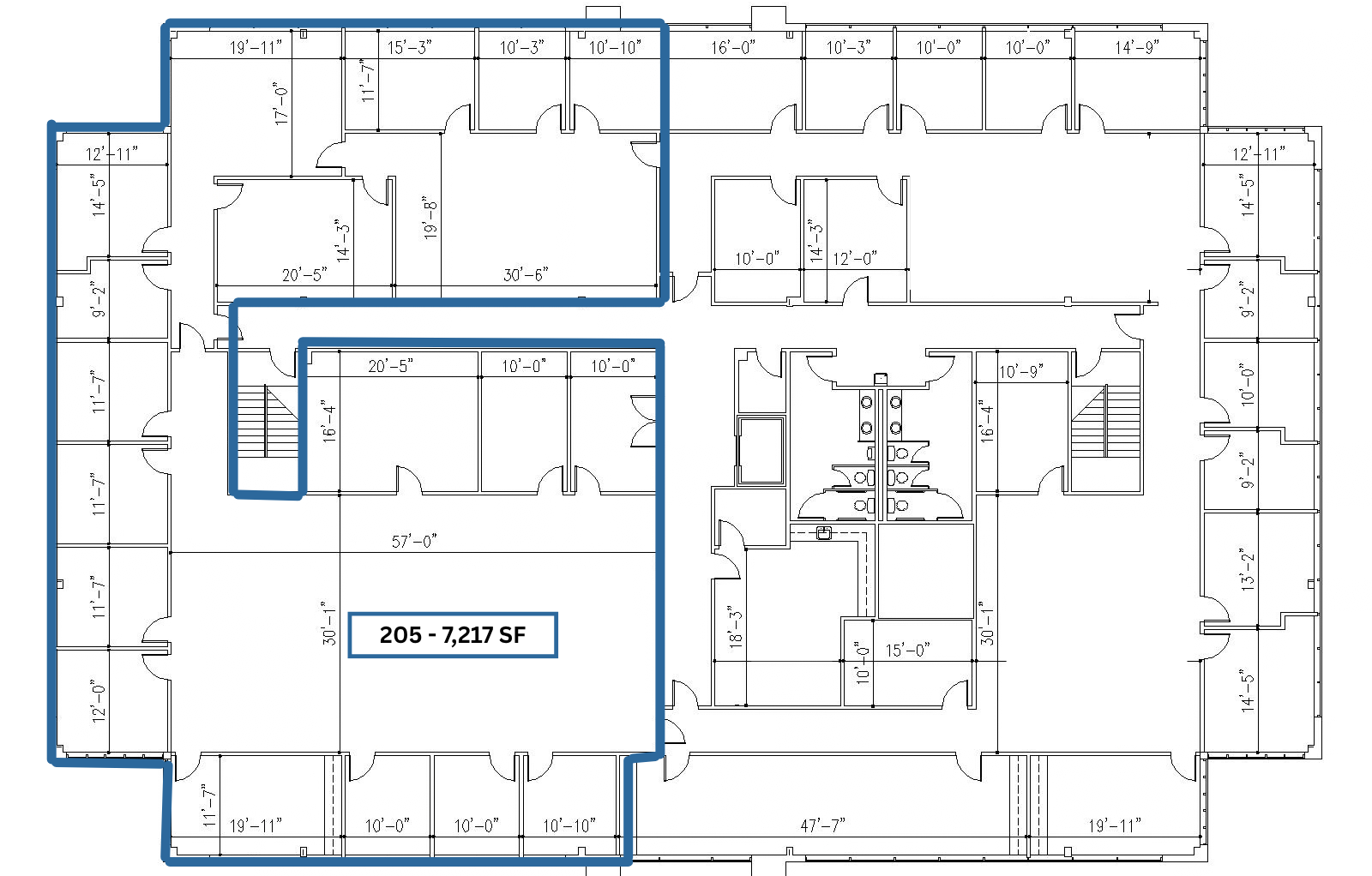 Second-floor plan outlining Suite 205, 7,217 SF